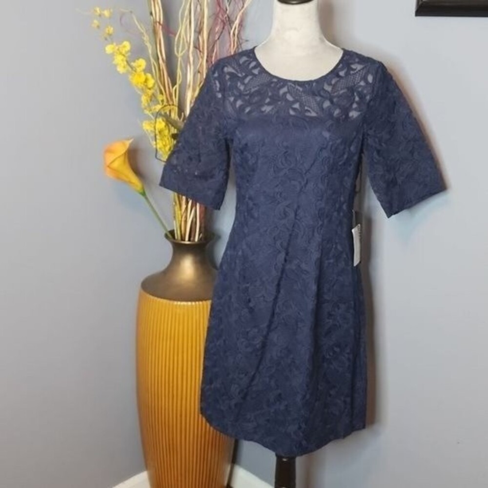 Kaya & Sloane Navy Seward Lined Burnout Lace Sheath Dress Size Large NWT